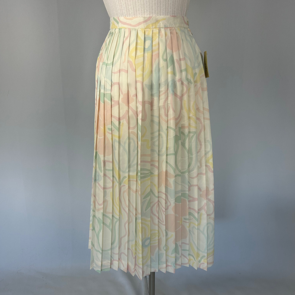 Vintage Pleated Midi Skirt Size 10 Cream Pastel Wavy Floral Retro Dopamine 80s